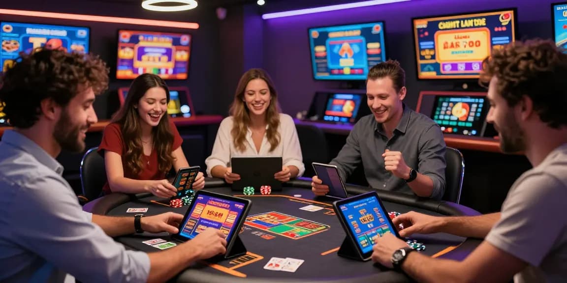 Engaging players enjoying credit card casinos with digital devices and vibrant gaming atmosphere.
