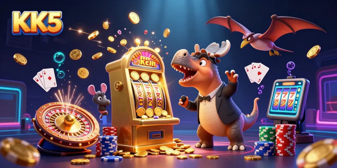 KK5 rewards players with jackpot wins as a 3D pachycephalosaurus hits a golden slot machine.