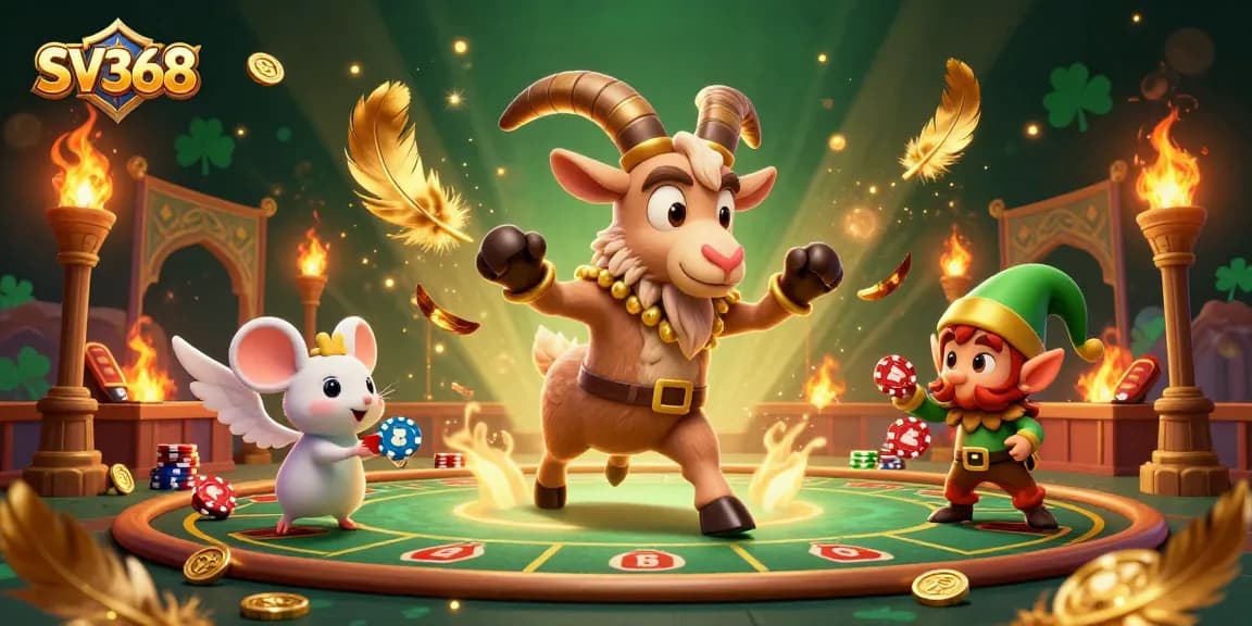 Experience SV368's vibrant online casino, featuring a whimsical Krampus goat, angel mouse, and mischievous gremlins.