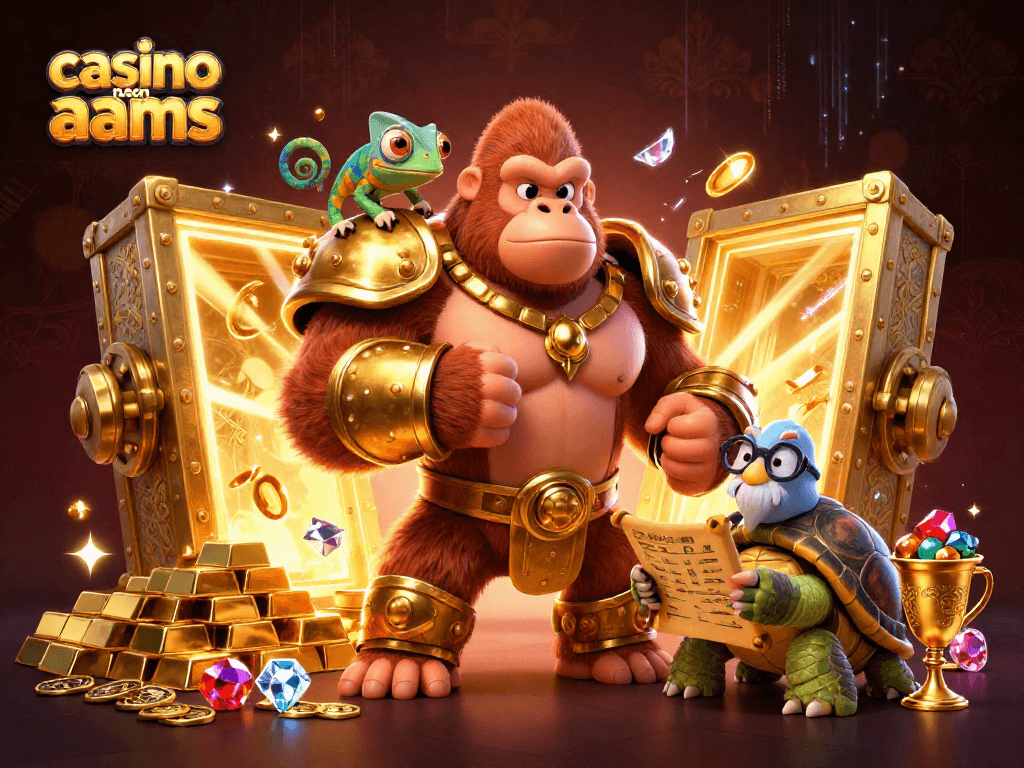 Gioco emozionante al casino non aams con gorilla, camaleonte e tartaruga tra tesori di gemme e oro.
