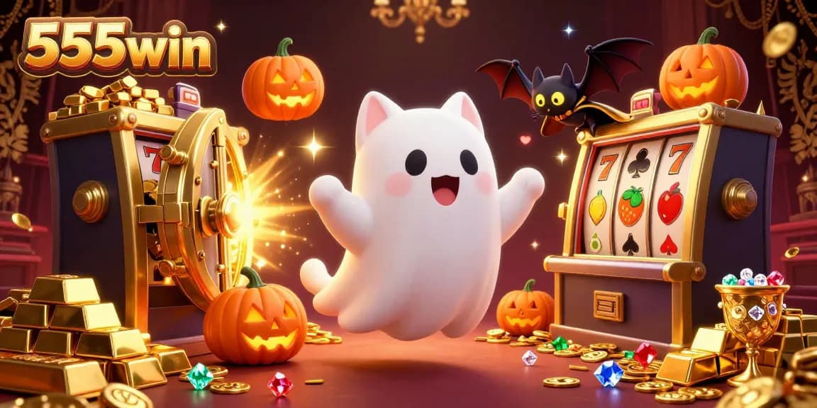 Experience exciting gameplay with 555win's animated scene featuring a ghost cat and treasures.