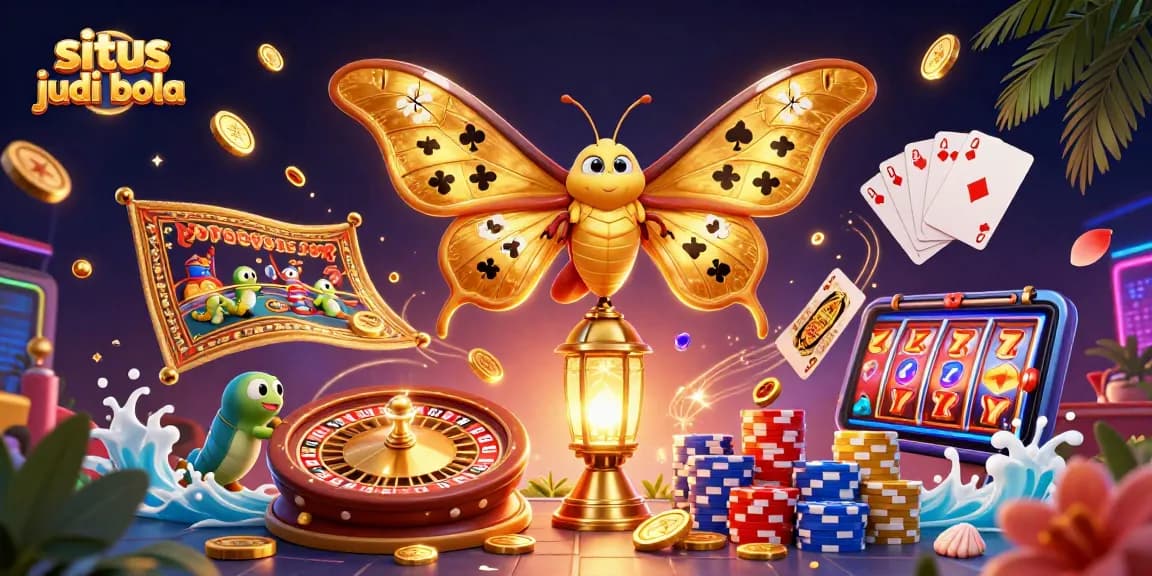 Experience situs judi bola with vibrant casino elements in an ultra-detailed 3D illustration of a moth and golden themes.
