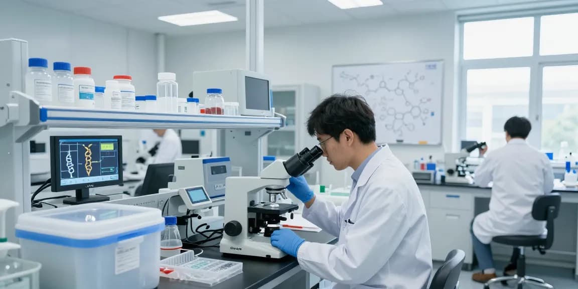 Research peptides Canada being analyzed in a modern laboratory setting with scientists studying compounds and vials.