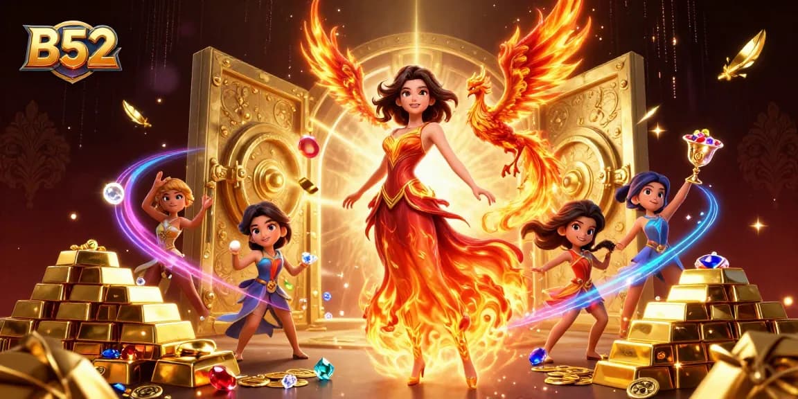 B52 offers thrilling games with exciting jackpots, showcasing an elegant Asian figure in fiery attire amid treasure.