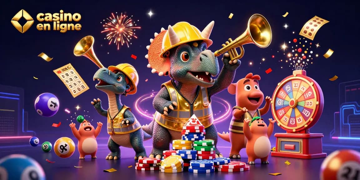 Venez découvrir les jeux de casino en ligne dans une illustration festive et animée.