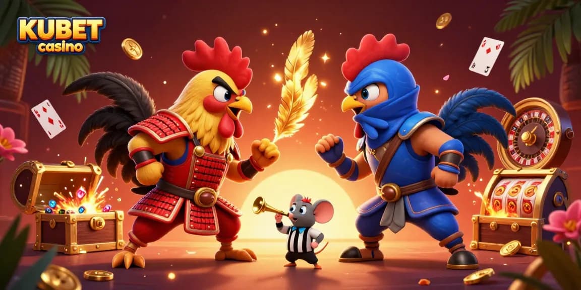 KUBET casino showcases twin cartoon roosters in battle, enriched with gaming elements like a roulette wheel and slot reels.
