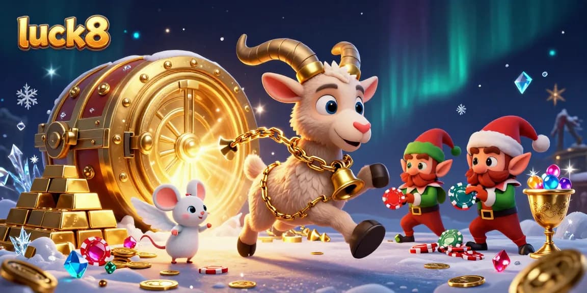 Engage with luck8's vibrant casino featuring festive characters amid gold and gems for thrilling play.