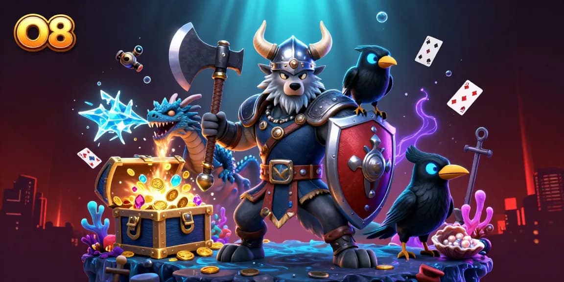 O8 players enjoy a vibrant 3D cartoon scene of a Viking wolf and dragon celebrating casino wins.