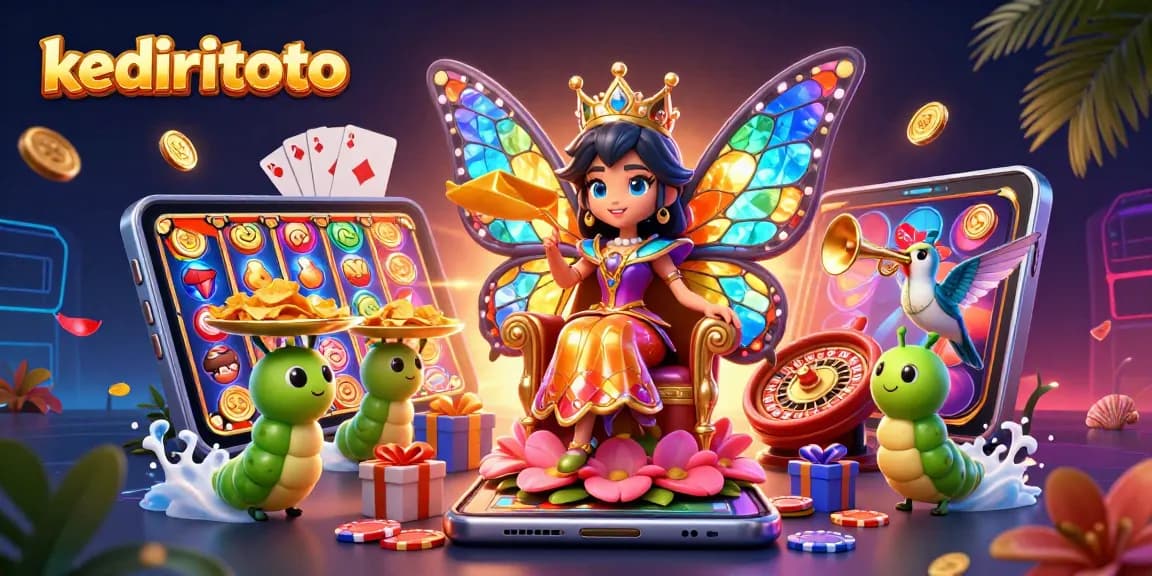 Kediritoto mempersembahkan ratu kupu-kupu 3D di kasino online, dengan permainan slot dan chip emas yang berkilauan.