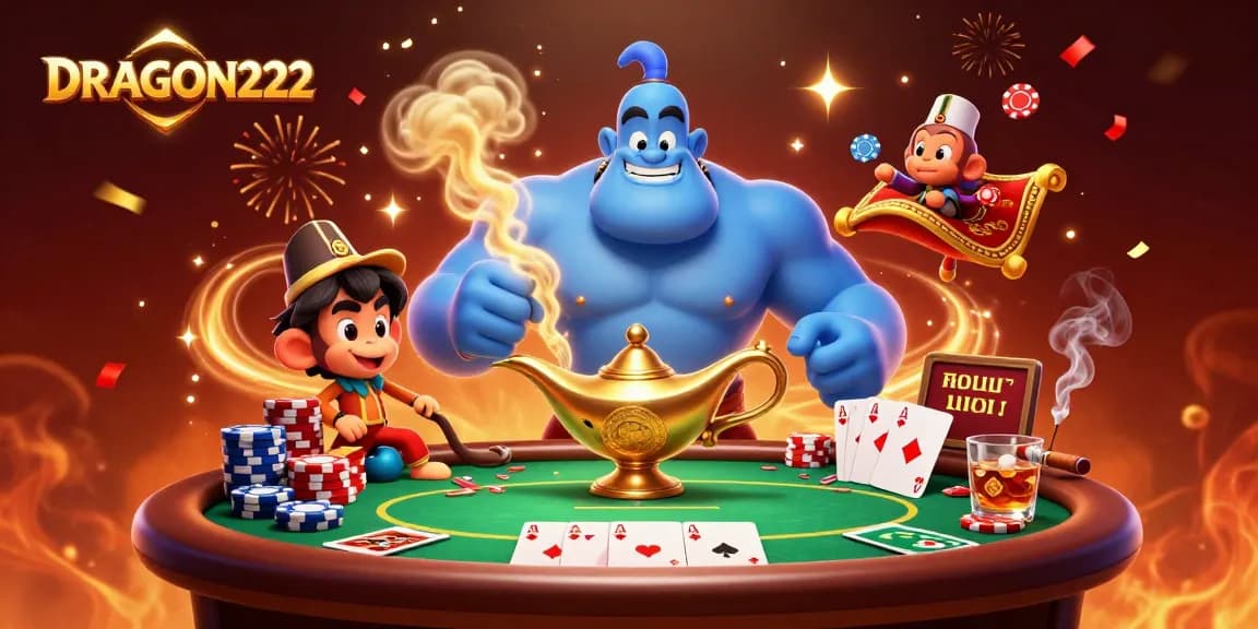 Experience thrilling gameplay at DRAGON222 with magical scenes filled with poker chips and vibrant casino elements.