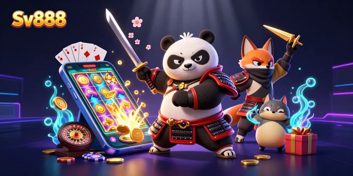 Experience the thrilling world of Sv888 with a samurai panda, ninja fox, and magical tanuki amidst vibrant casino elements.