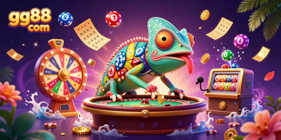 Experience thrilling gaming action at gg88 com with a vibrant scene of a casino chameleon and lively elements.