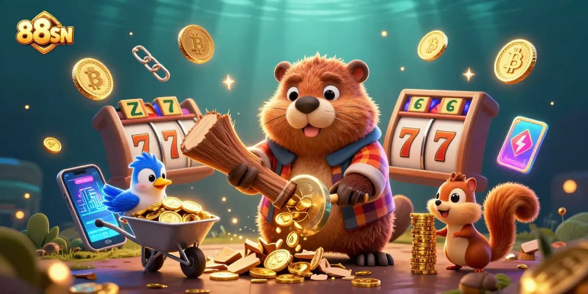 Experience the excitement of 88SN with a lively beaver and friends in a vibrant casino setting.