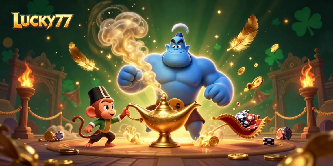 LUCKY77 Genie's winning poker adventure with magic carpet and animated characters in detailed 3D.