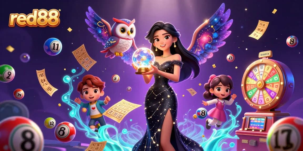 Experience thrilling gameplay at red88 with a 3D mystical casino scene featuring vibrant lottery and prize elements.