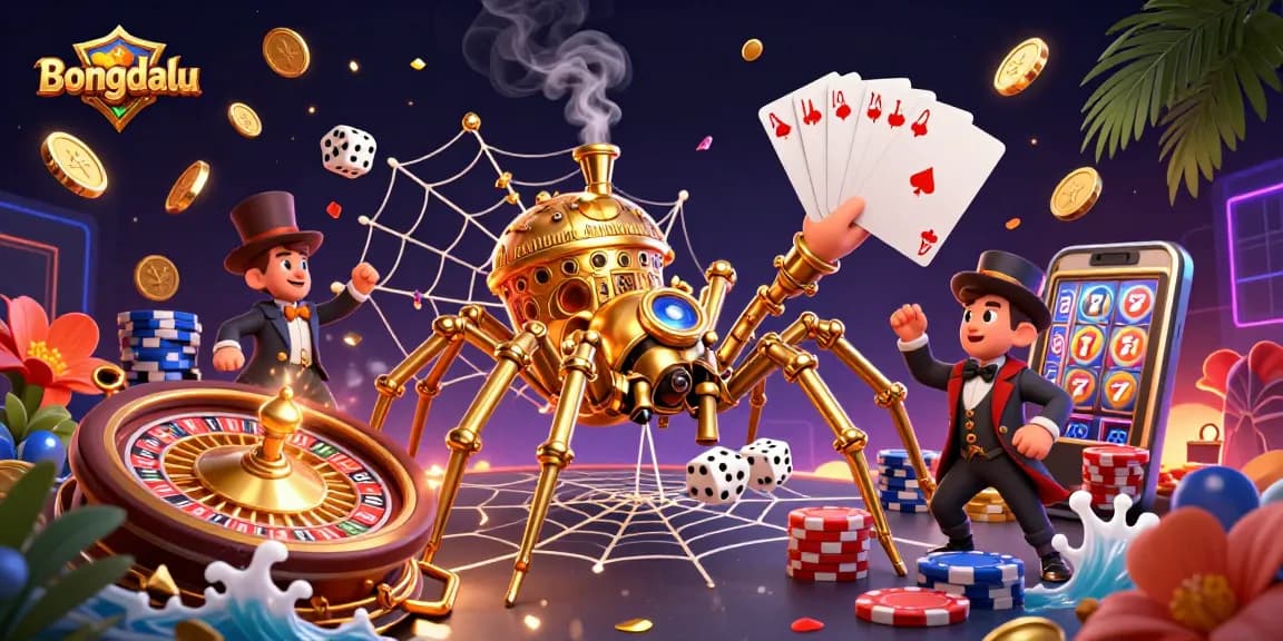 Bongdalu showcases a steampunk spider catching dice with vibrant casino elements in an exciting scene.