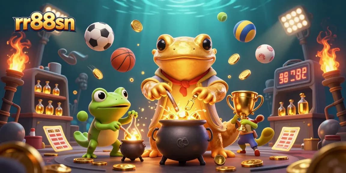 Bet on rr88sn with a vibrant scene showcasing dynamic sports elements and casino characters.