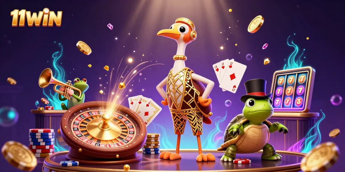 Engage with 11WIN's vibrant casino scene featuring a flapper crane, top-hat turtle, and musical frog.