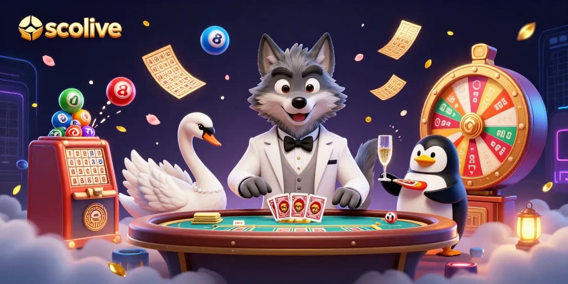 Socolive showcases engaging games with a debonair wolf at the baccarat table, lively animations, and a sophisticated atmosphere.