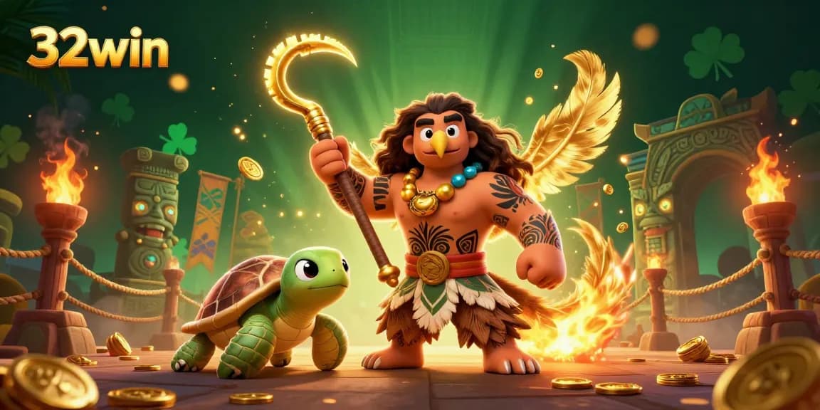 Engage with 32win in a vibrant 3D casino adventure showcasing a demigod and turtle amidst gambling elements.