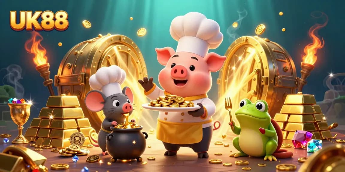 Experience the excitement of UK88 casino with vibrant 3D characters and golden treasures.