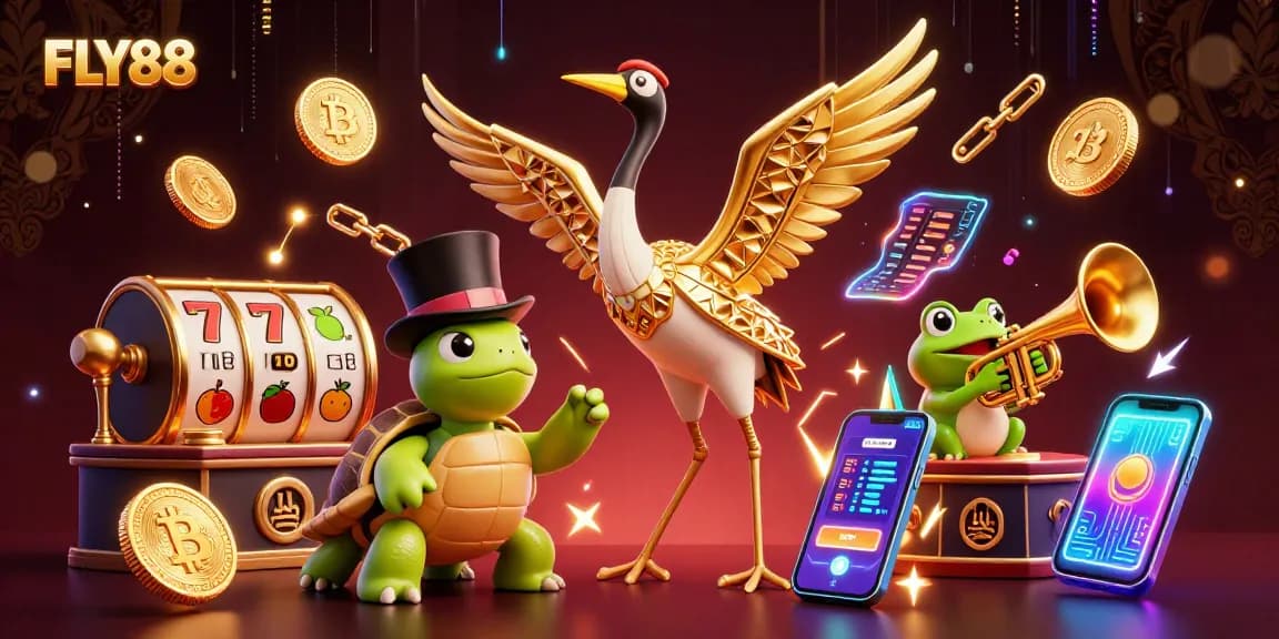 Engage with FLY88's vibrant gaming scene featuring interactive slot reels amidst lively characters.