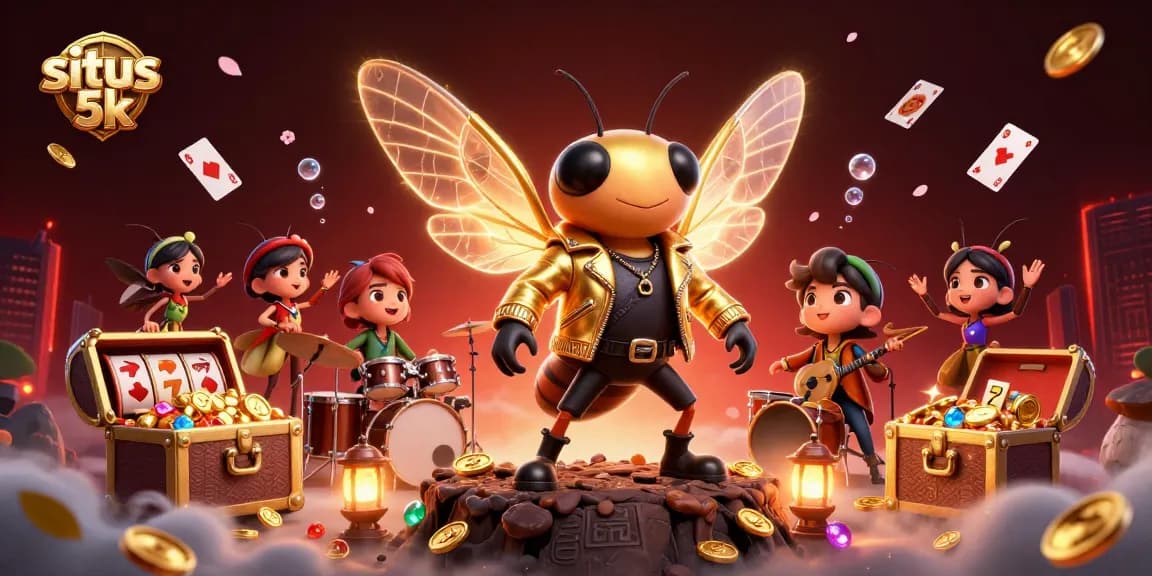 Spin your luck at situs 5k with vibrant casino-themed illustration featuring rock star characters and thrilling games.