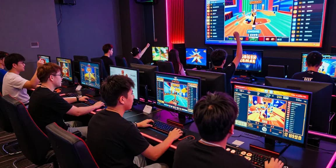 Exciting HAYWIN gaming tournament atmosphere with players cheering and vibrant LED lights.