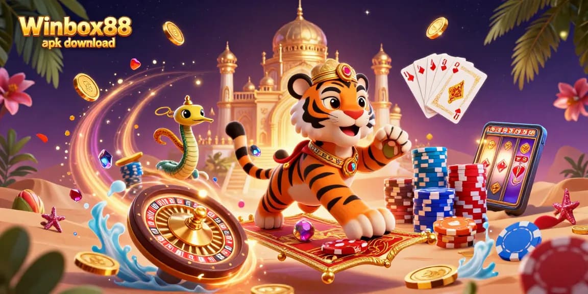 Engage with the Winbox88 apk download, featuring a magical 3D tiger sultan surrounded by casino elements and treasures.