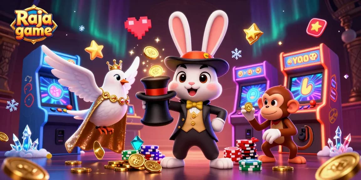 Engage in the thrilling Raja game experience with a lively 3D scene of a magician rabbit, a dove, and a monkey, amidst gaming excitement.