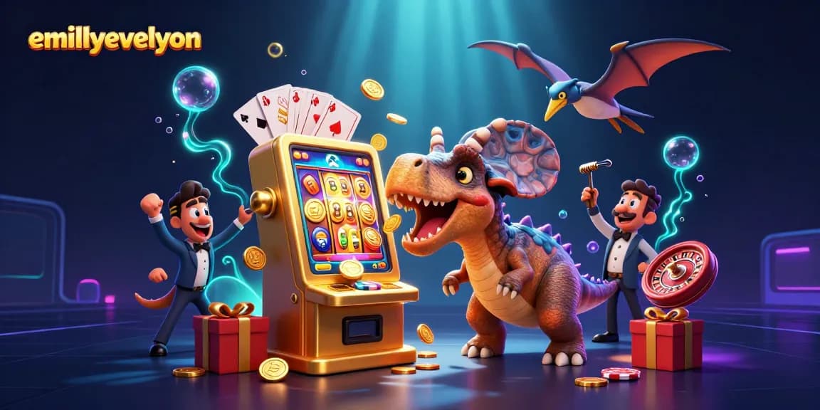 Experience thrilling wins with emillyevelyn's 3D dinosaurs at a dynamic casino scene full of excitement.