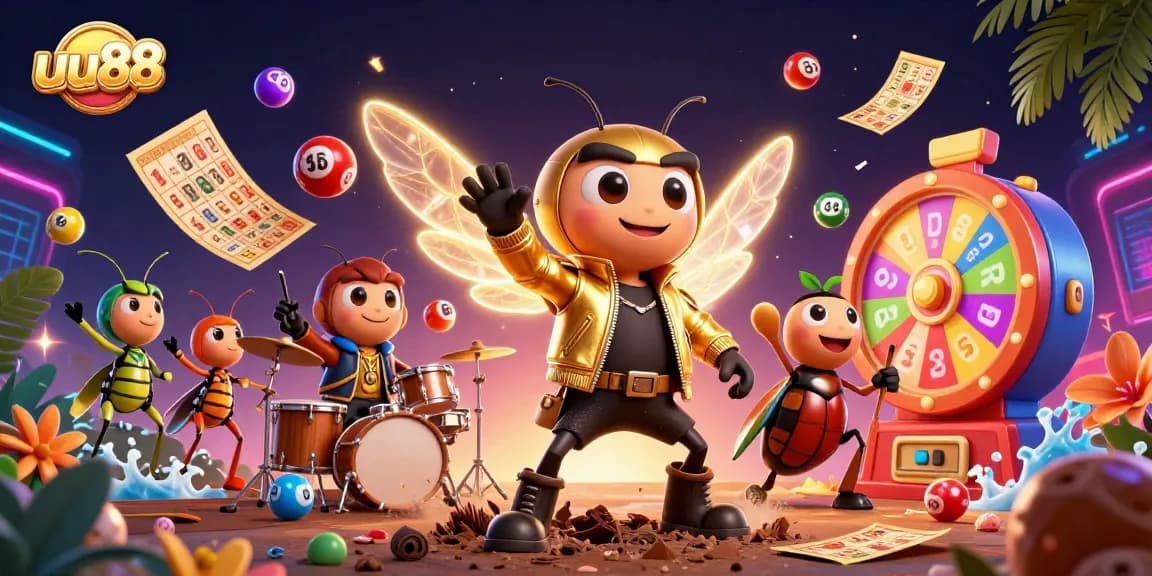 uu88 captivates with a vibrant scene of a cicada rock star, lottery balls, and bingo excitement