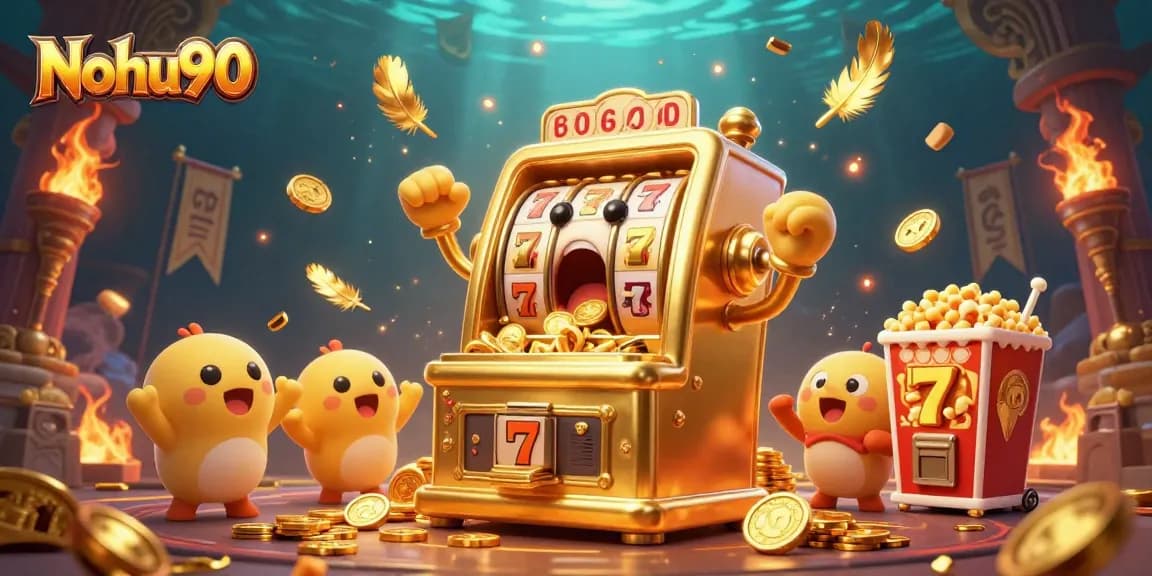 Nohu90's golden slot machine celebrating its jackpot win surrounded by cheering baby slots