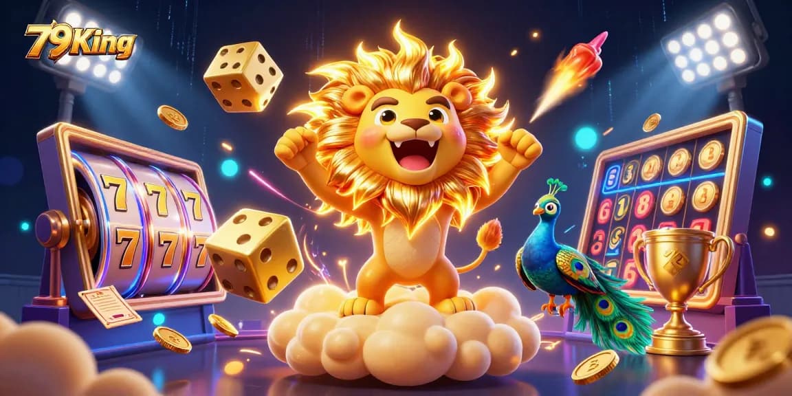 Experience exhilarating wins with 79King's dynamic slot reels and golden rewards in this vibrant casino illustration.