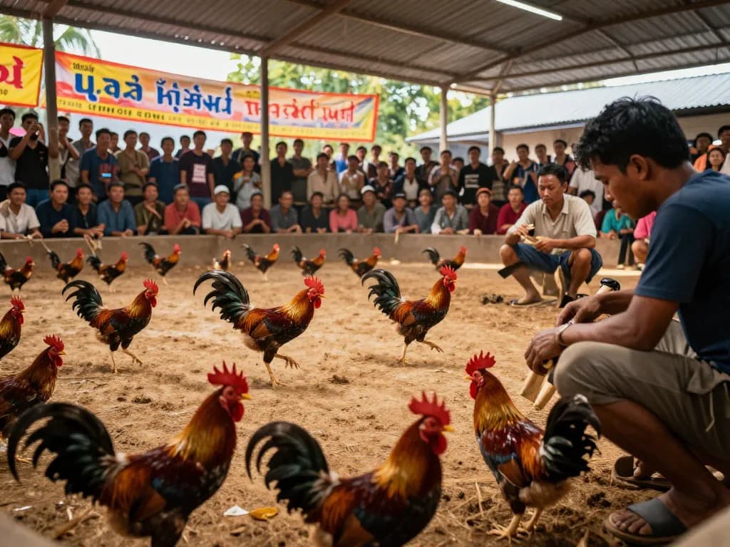 Trải nghiệm sự hồi hộp của đá gà Thomo hôm nay khi khán giả cổ vũ cho các trận đá gà trực tiếp trong một đấu trường sôi động.