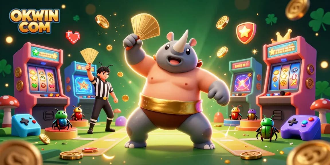 Experience thrilling gaming action at OKWIN COM with vibrant 3D casino characters and jackpot symbols.