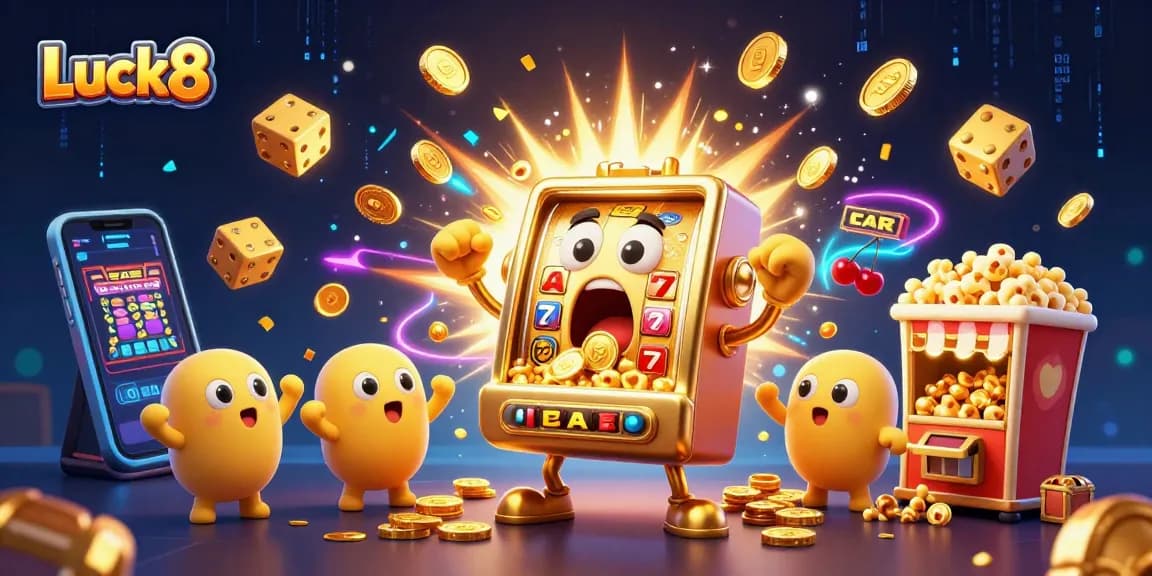 Luck8 slot machine hitting jackpot, surrounded by golden coins and energetic game elements.