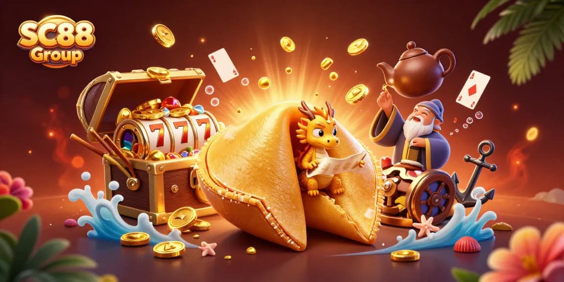 Engaging SC88 Group illustration featuring a golden fortune cookie and vibrant casino elements.