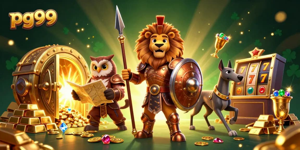Experience the excitement of pg99 casino with a dynamic scene of characters surrounded by riches and gaming elements.