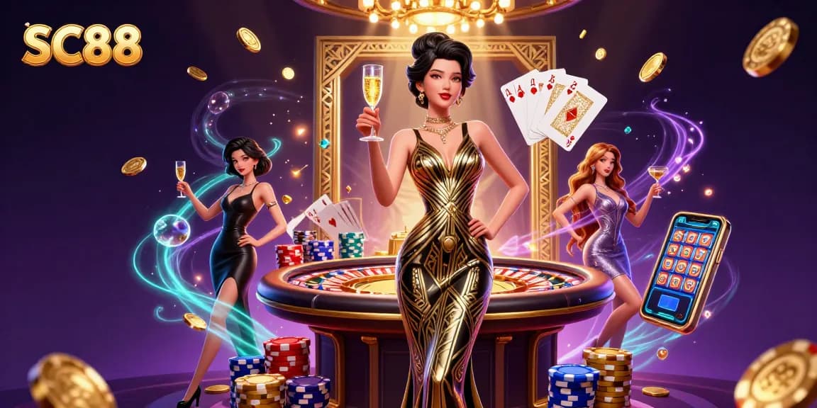 Experience winning at SC88 with an elegant Asian woman immersed in a luxurious online gambling scene.