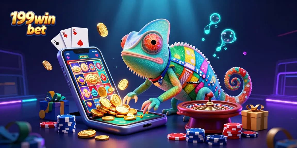 Engage in exciting gameplay at 199win bet, featuring vibrant scenes of a chameleon casino owner and dynamic gambling elements.