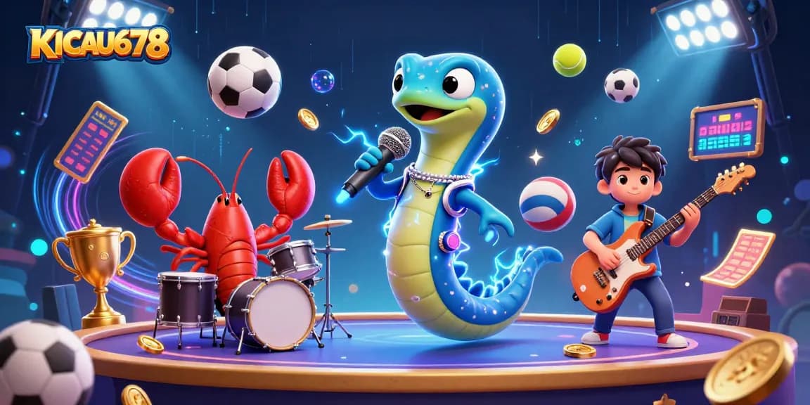 KICAU678 showcases vibrant online gambling action with an electric eel DJ, lobster drummer, and seahorse guitarist in an underwater casino scene.