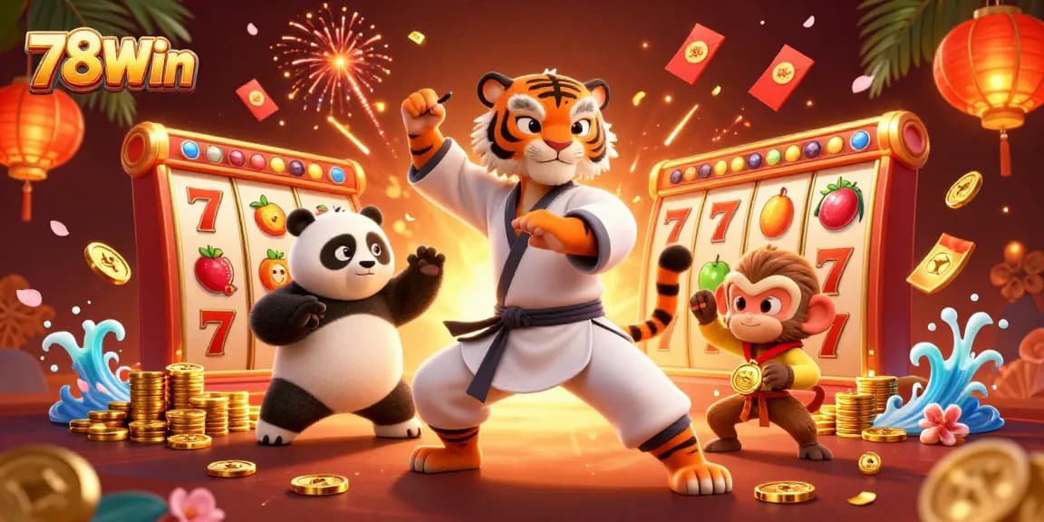 Engage in the thrill of gaming with 78Win's vibrant scene featuring a kung fu tiger, panda, and monkey surrounded by slots and jackpots.