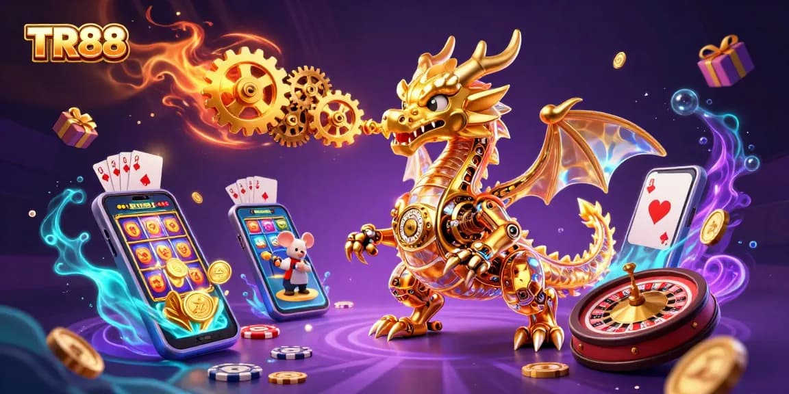 TR88 showcases an enchanting scene of a golden dragon and slot games, embodying online gambling excitement.