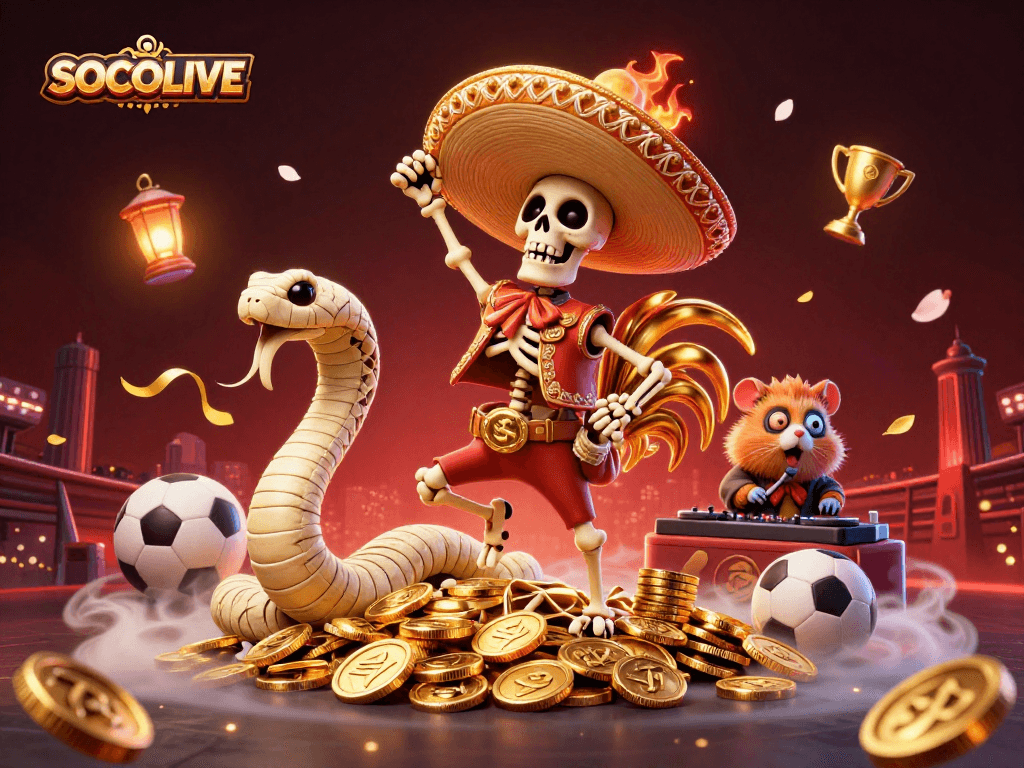 SOCOLIVE offers a vibrant, dynamic illustration of a fiesta-themed online gambling experience, showcasing a joyful mariachi rooster amidst sports elements.