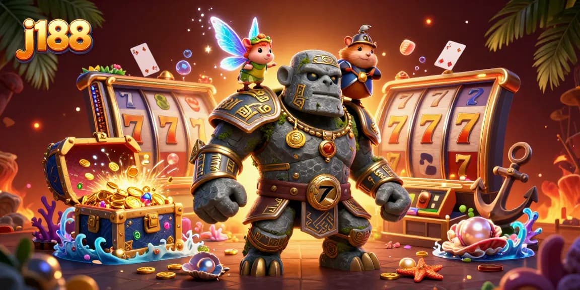 Engage in j188's thrilling casino realm with a magical scene blending adventure and gaming elements.