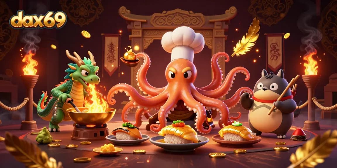 Menangkan permainan di dax69 dengan chef sushi kartun 3D dan naga yang mengeluarkan api.