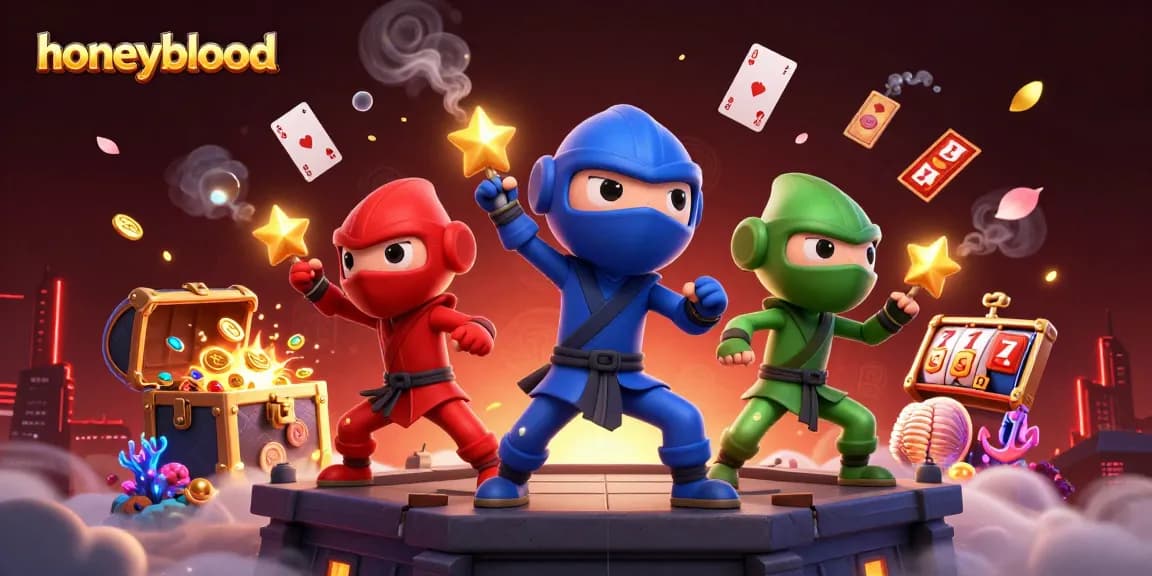 Engage in thrilling gaming with honeyblood at a vibrant 3D casino featuring colorful chameleons and dynamic card elements.