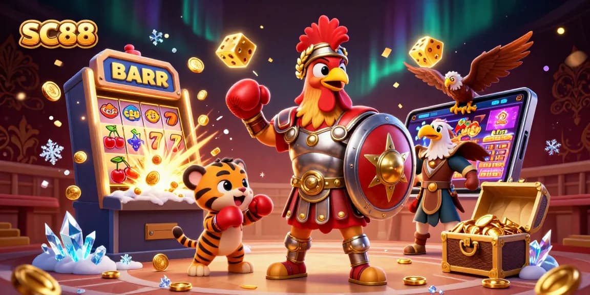 SC88 engages players with a dynamic illustration of a rooster warrior and casino elements.