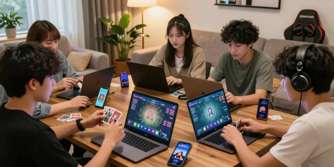Exciting group gaming experience on devices with 68gamebai highlighted, showcasing a cozy atmosphere.